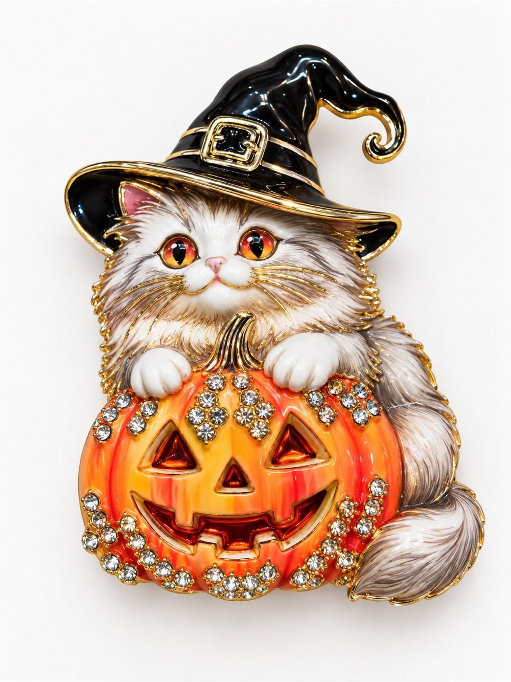 Halloween Cat Brooch with Pumpkin - Black Hat, Orange Pumpkin